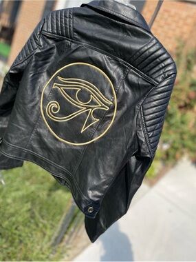 Sale‼️ Black Faux Leather Eye of Horus Egyptian Jacket with Satin Lining